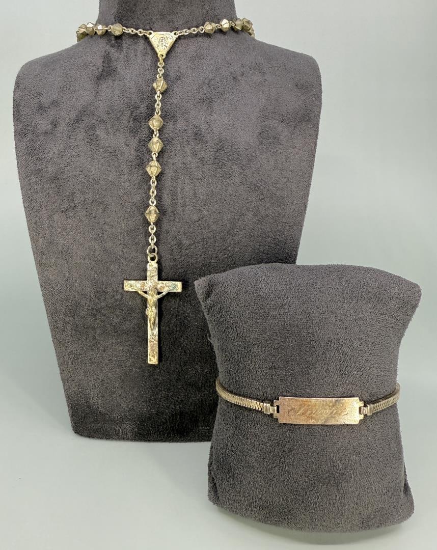Sterling Silver Rosary and ID Bracelet: 30.08 grams.