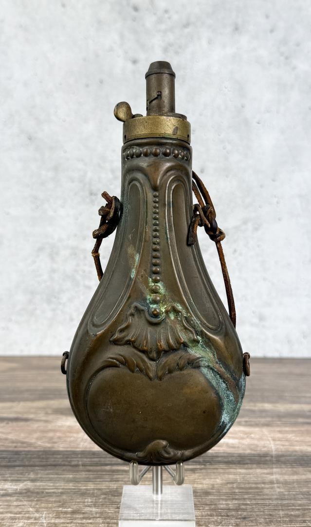 Antique Copper and Brass Powder Flask: 8 3/8" long by 3 7/8" wide.