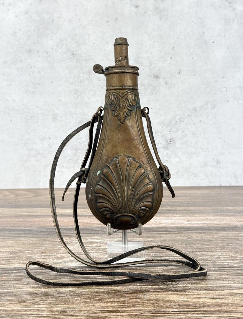 American Flask & Cap Civil War Powder Flask: American Flask and Cap Co. 8 1/8" long by 4 1/4" wide.