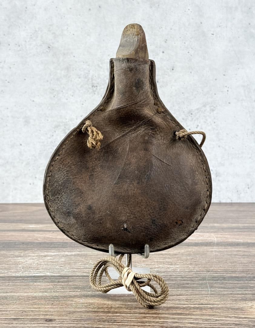 Antique Leather Powder Flask Shot Bag: 8" long by 6" wide.