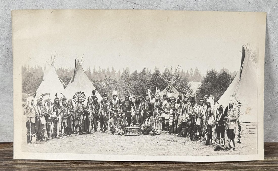 Salish Pow Wow Flathead Indian Montana Photo: Photographer is Charles Libby. Salish men on July 4th 1903 stand by tepees near St. Ignatius Mission, Flathead Reservation, Montana. 6" by 10".