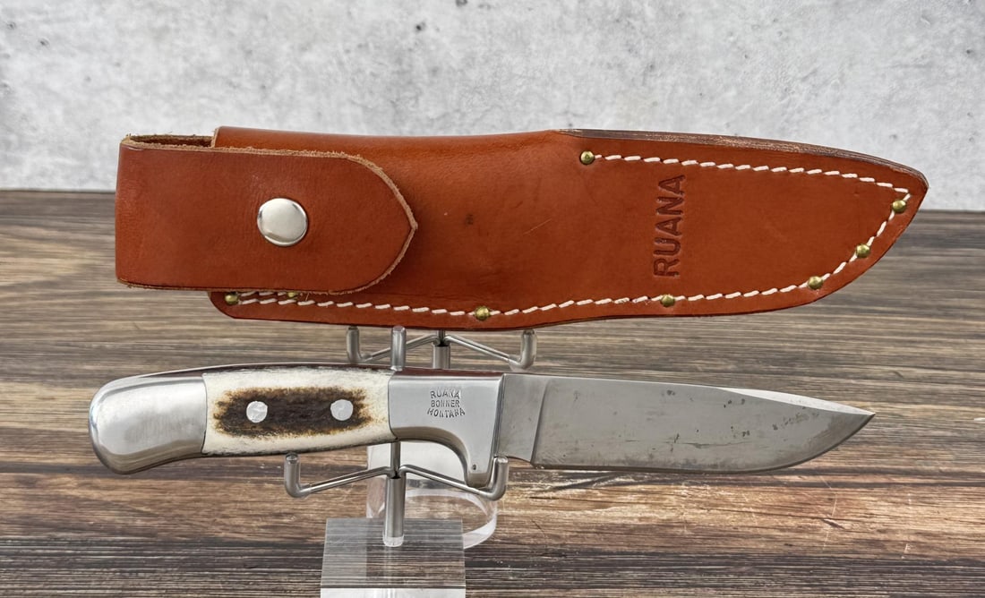 Ruana Bonner Montana Knife Model 25AC: 8 1/2" Long. Never used or carried, light carbon spotting from storage in sheath.