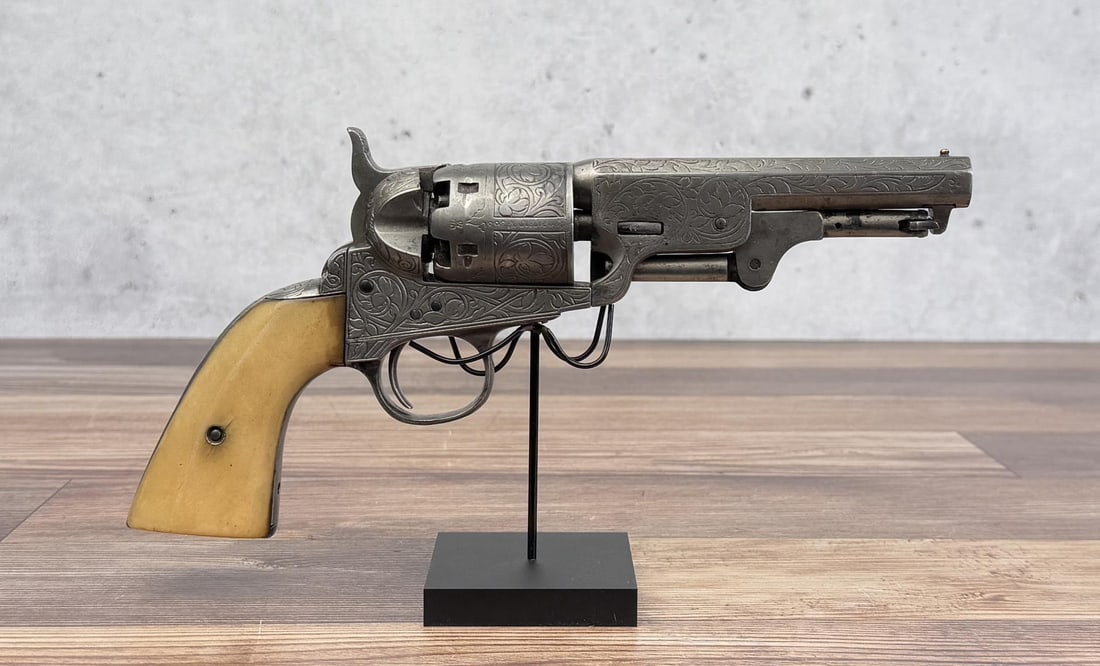 Civil War Confederate Engraved Colt Brevet Pistol: European Made Colt Copy, as made for the confederacy. Ivory grips. 5" barrel. Antique doesn't require FFL Transfer.