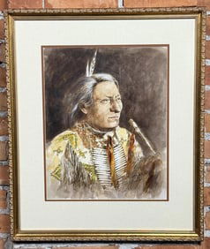 Lazy White Bull Sioux Indian Watercolor Painting