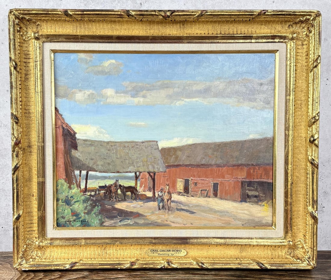 Carl Oscar Borg Saddling Up Painting: Title is Saddling Up. 16" by 20" unframed. 22" by 26" framed. Provenance: Sold: Butterfield & Butterfield, Los Angeles and San Francisco, CA, June 15, 1994, Lot 4494. From the Collection of Robert A.
