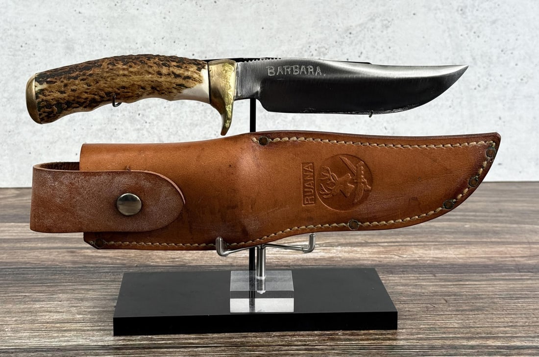RH Rudy Ruana Bonner Montana Brassie M Knife: Rare Brassie M marked knife. Never used or carried. Has previous owners name on blade. 10 7/8" long.