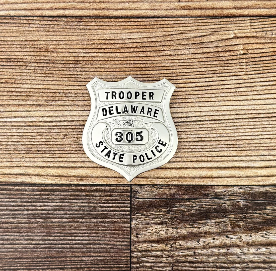 Delaware State Police Trooper Badge: 1 3/4" by 1 5/8".