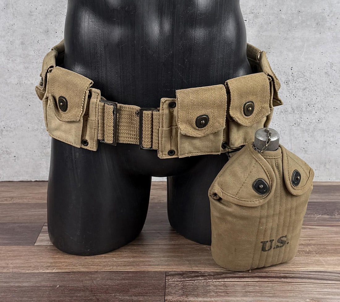 WWI WW1 1918 Mills Cartridge Belt and Canteen: Very nice matching set.