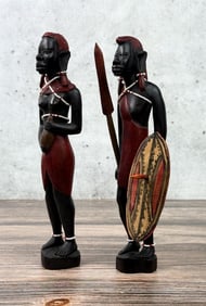Carved Wood Maasai Warrior & Woman Statues