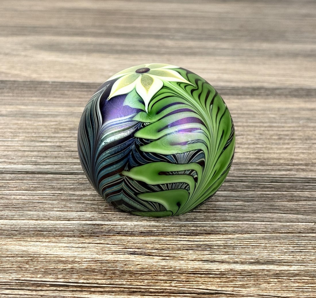 Orient & Flume Art Glass Paperweight: 2 1/2" tall by 3" in diameter