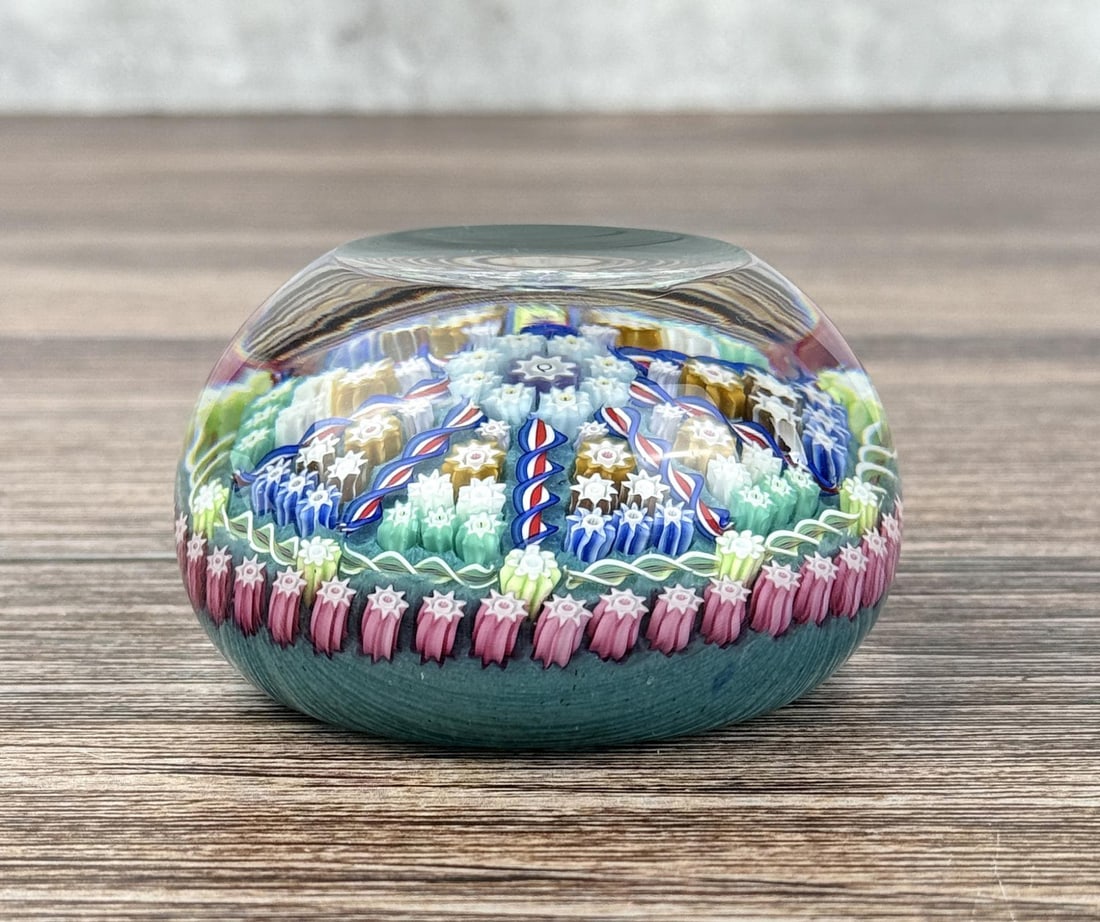 Perthshire Millefiori Art Glass Paperweight: 1 3/4" tall by 3" in diameter.