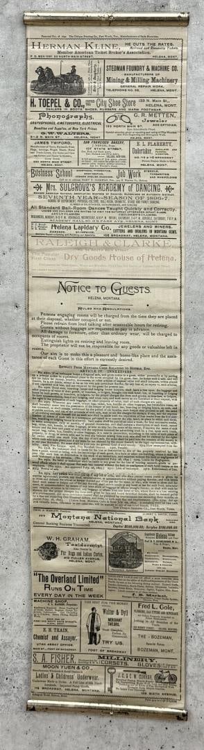 Arlington Hotel Montana Silk Advertising Sign: Printed and displayed at the Arlington Hotel in Helena Montana. 26 3/8" long by 6 1/8" wide, manufactured by the Unique Printing Company of Texas.