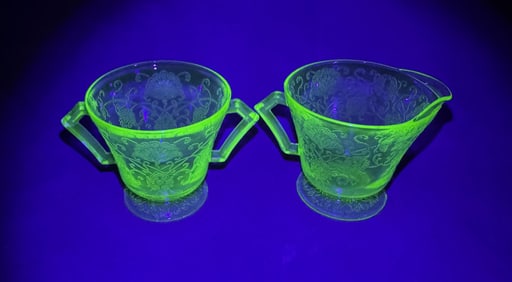 Uranium Glass Hazel Atlas Poppy Sugar & Creamer