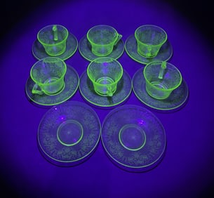 Uranium Glass Hazel Atlas Poppy Cups Saucers