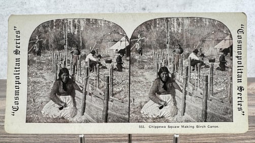 Chippewa Squaw Making Birch Canoe Stereoview