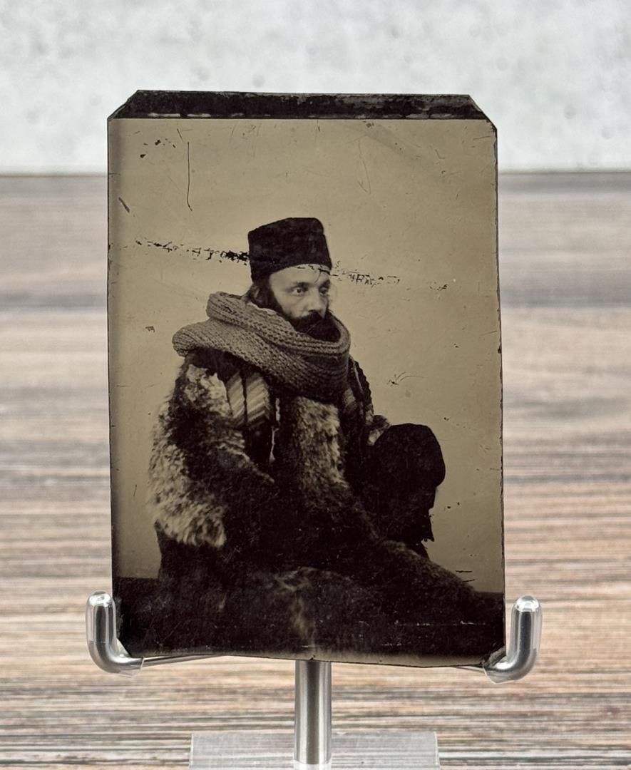 Frontiersman in Buffalo Jacket Tintype Photo: 3 1/2" by 2 3/8"