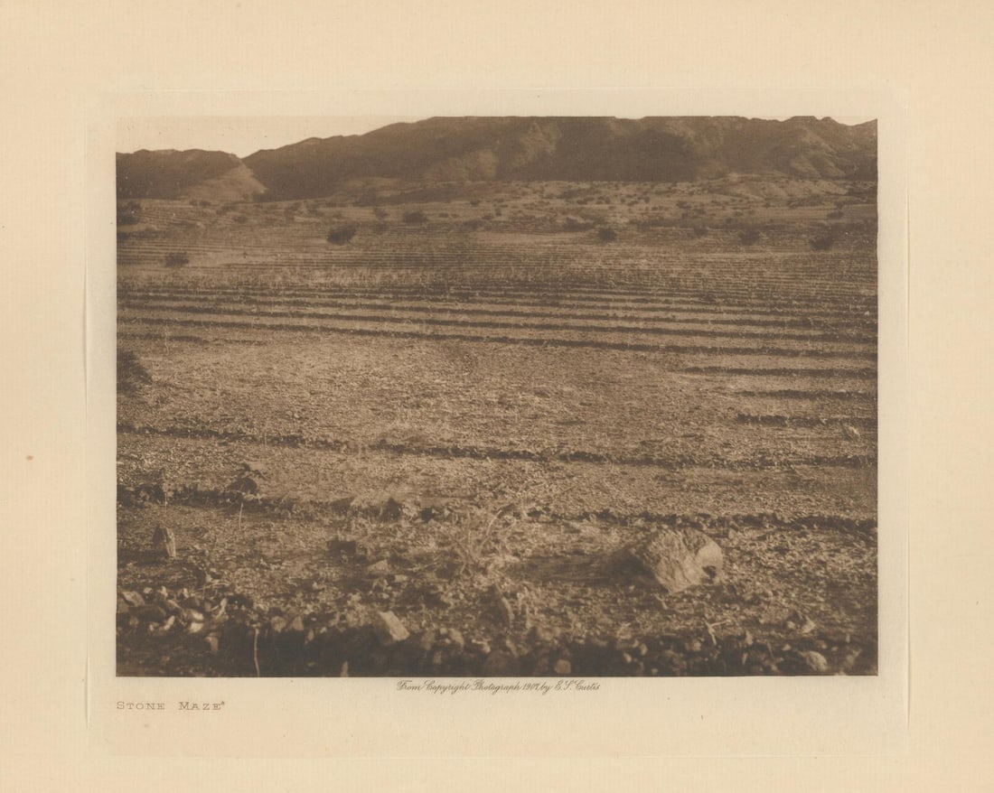 Edward Curtis Stone Maze Photogravure: Original 1908 Gampi Tissue Photogravure from Edward Curtis The North American Indian Volume 2. 9" by 12".