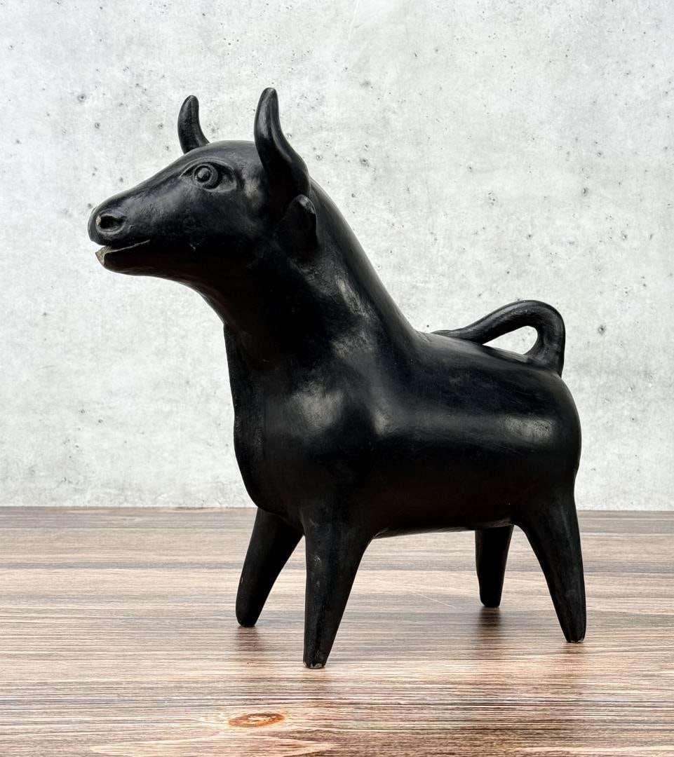 Mexican Folk Art Ceramic Bull Piggy Bank: 11 3/8" long by 11" tall by 5" wide.