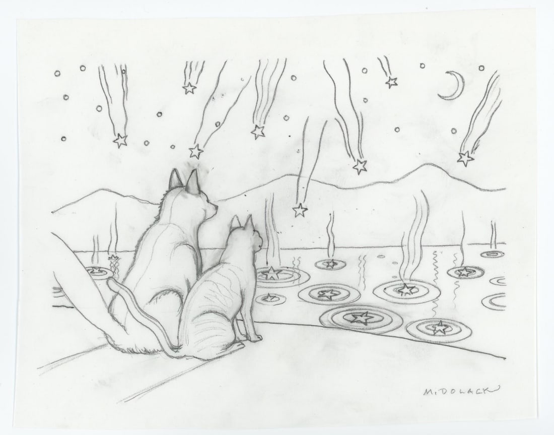 Monte Dolack Night Of The Shooting Stars Study: This study became the acrylic painting and poster The Night Of The Shooting Stars. 9 3.4: by 7 3/4" Monte Dolack (Born 1950) is active/lives in Montana. Monte Dolack is known for Poster illustration,