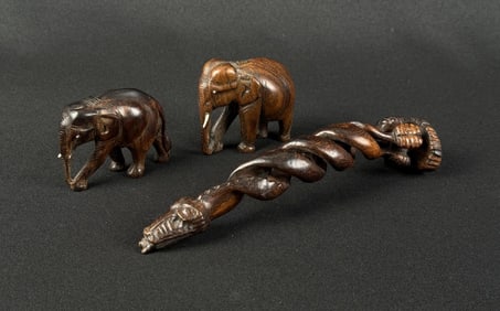 African Tribal Elephant & Snake Wood Carvings
