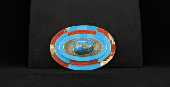 Navajo Sterling Silver Turquoise Coral Belt Buckle