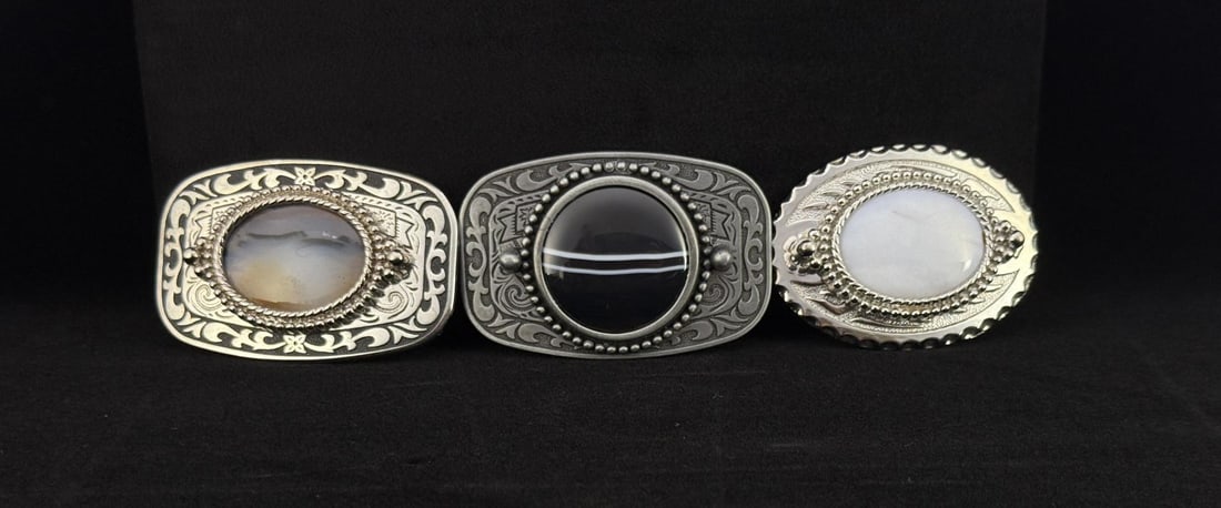 Agate Cabochon Cowboy Belt Buckles: Three total. 2 5/8" long.