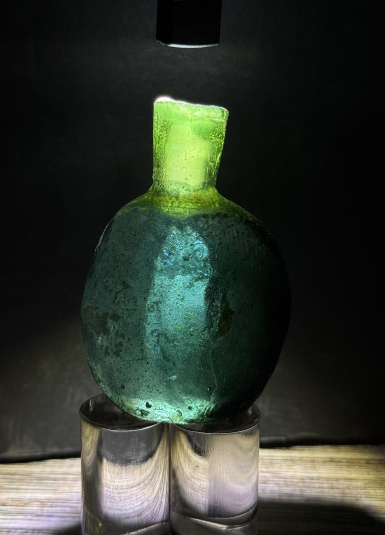 Time of Christ Ancient Roman Blue Green Bottle: 2 1/2" by 1 5/8" by 7/8". 59.29 grams