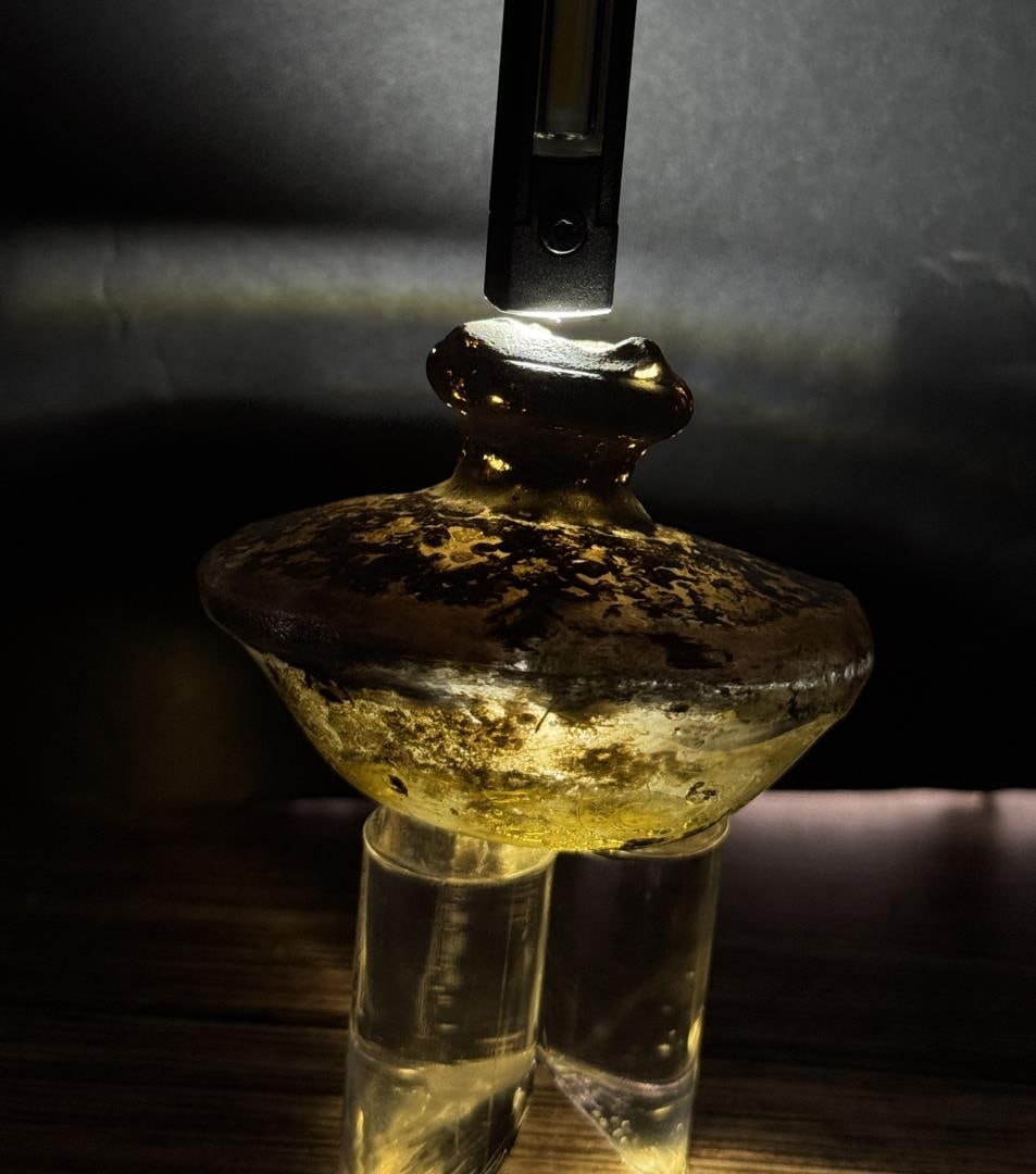 Time of Christ Ancient Roman Clear Amber Bottle: 2 5/8" wide by 1 7/8" tall. 117 grams.