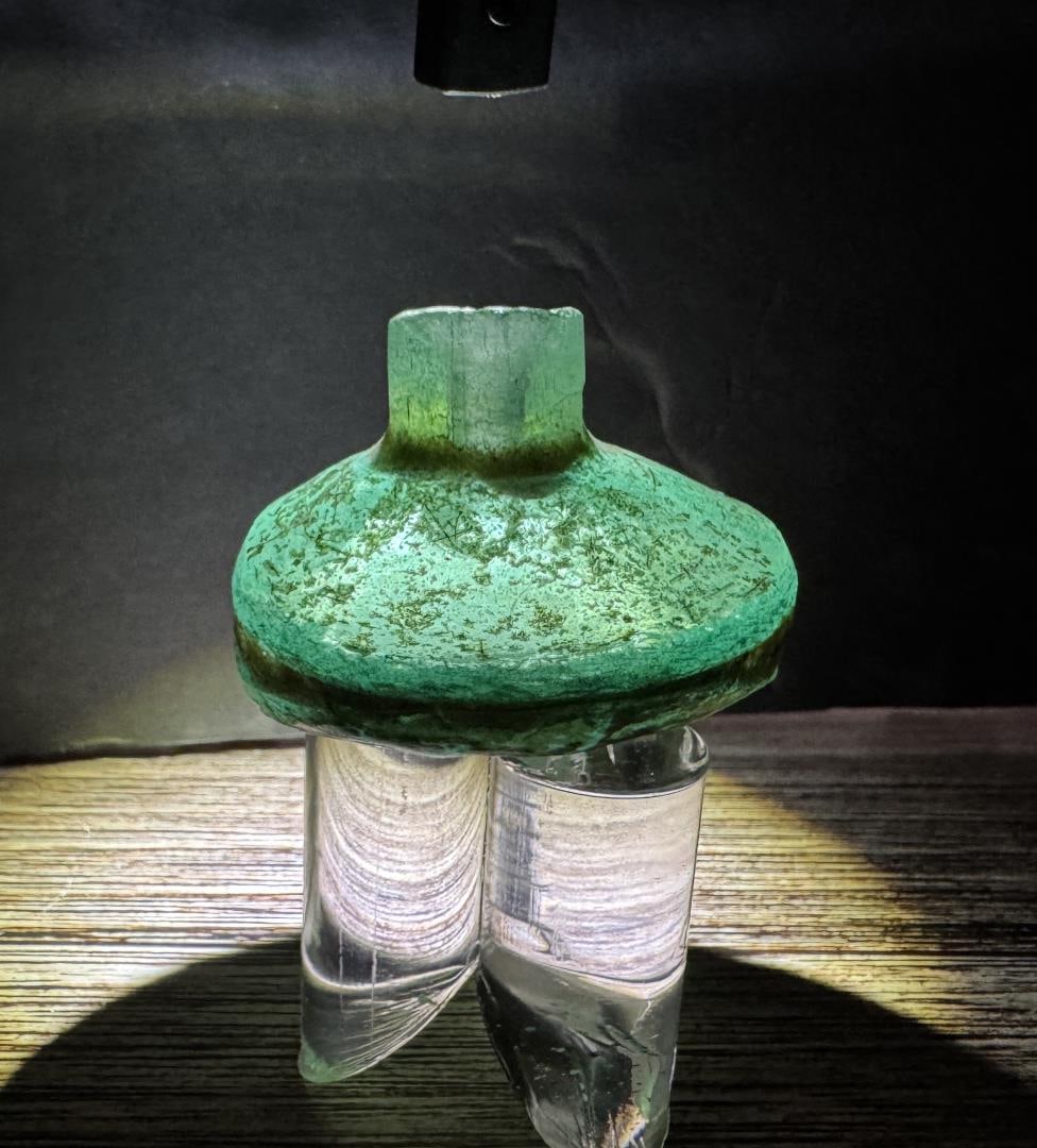 Time of Christ Ancient Roman Green Bottle: 1 7/8" tall, 1 7/8" in diameter, 59.64 grams.