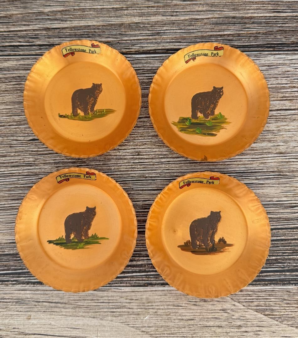 Yellowstone Park Souvenir Copper Coasters: Set of four. 3 1/8" in diameter.