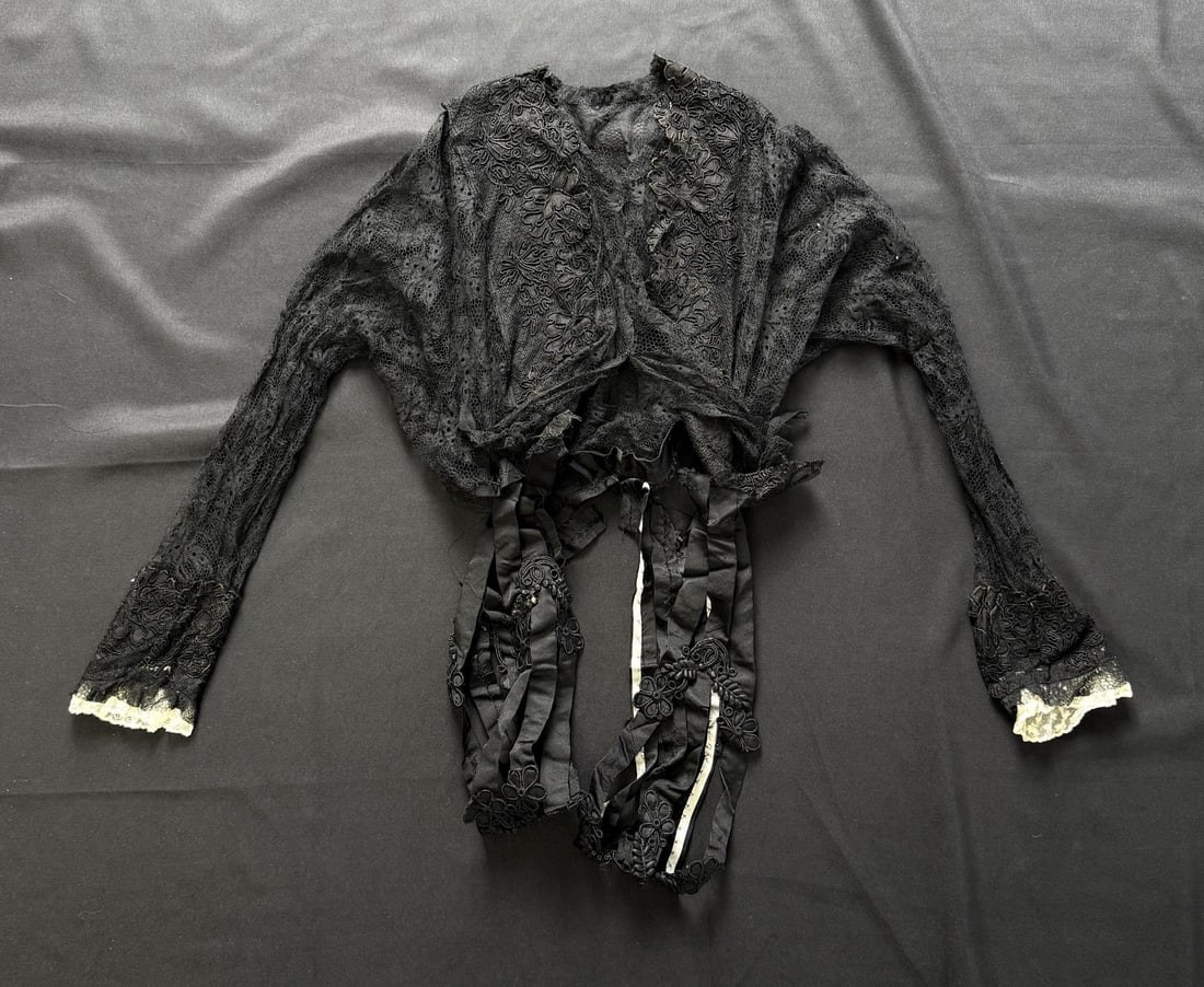 Antique Soiled Dove Mourning Black Lace Blouse: Unusual early piece. Fully Sheer.