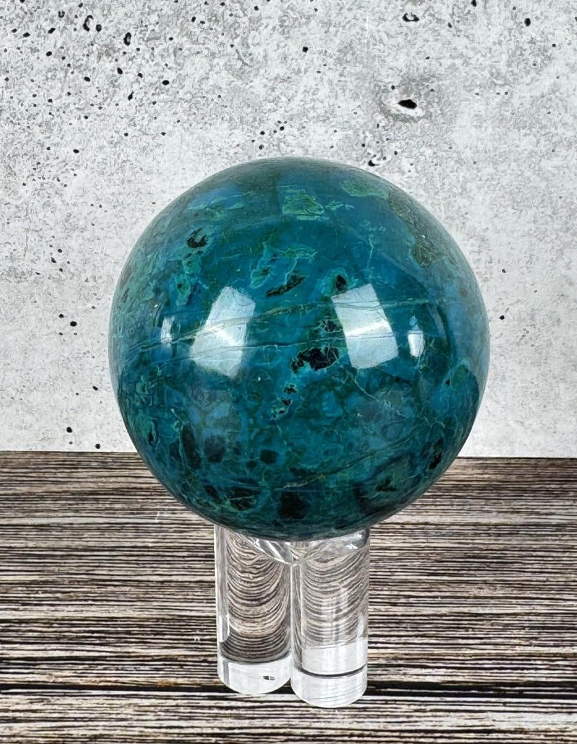 Carved Chrysocolla and Malachite Sphere: 2 5/8" diameter. 494 grams.