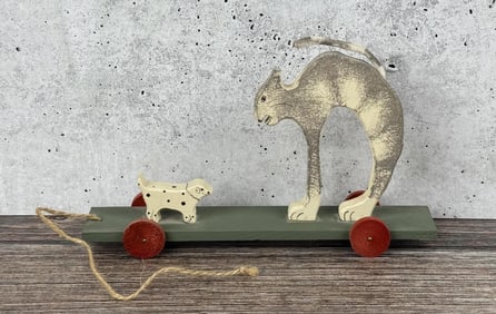 Folk Art Carved Wood Cat and Dog Pull Toy