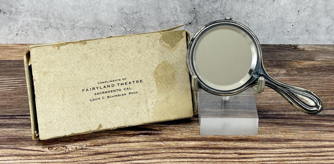 Fairyland Theatre Sacramento California Mirror: Nice example in original box. 4" long.