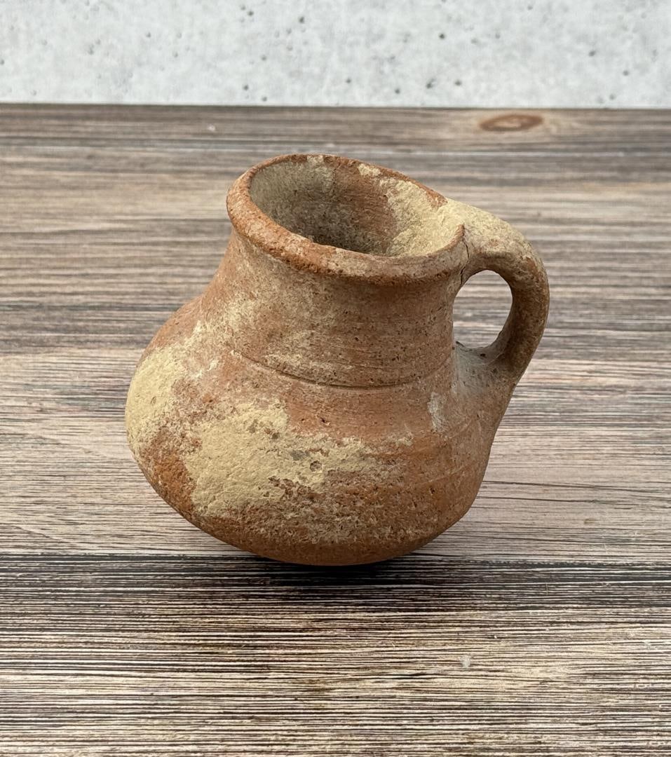 Ancient Roman Terracotta Handled Jug Amphora: 3 5/8" tall, 3 1/2" diameter.