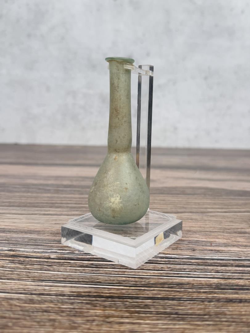 Ancient Roman Glass Unguentarium Perfume Bottle: 4 1/8" tall, 1 1/2" diameter.