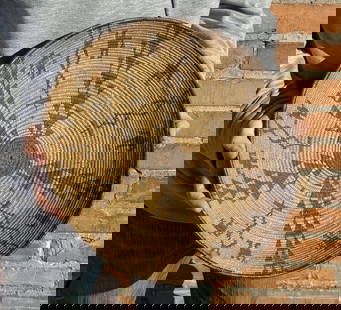 Figural Apache Native American Indian Basket: 15" diameter, 3 5/8" tall. Provenance: The Emily T. and Adolphus Andrews Collection of Native American