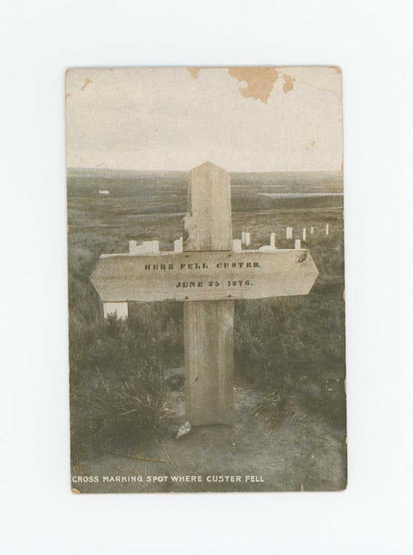 Coffeen Schnitger Custer Battlefield Postcard: Cross Marking Spot Where Custer Fell. Provenance: Aline Natalie Burgess Claremont Los Angeles, daughter of James Gregor Burgess builder of the Burgess Baptist Church Crow Agency Montana, through Decen