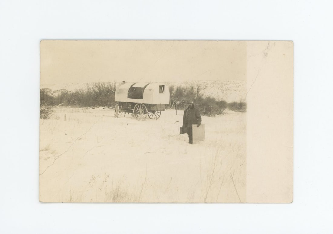 Joseph Henry Sharp Artist Crow Agency Postcard: Taken on the Crow Agency in Montana, during the Winter of 1907. This is the only known example of this image. Back reads: The famous painter of Indians J.H. Sharp his "rolling studio" 1907. J.H. Sharp