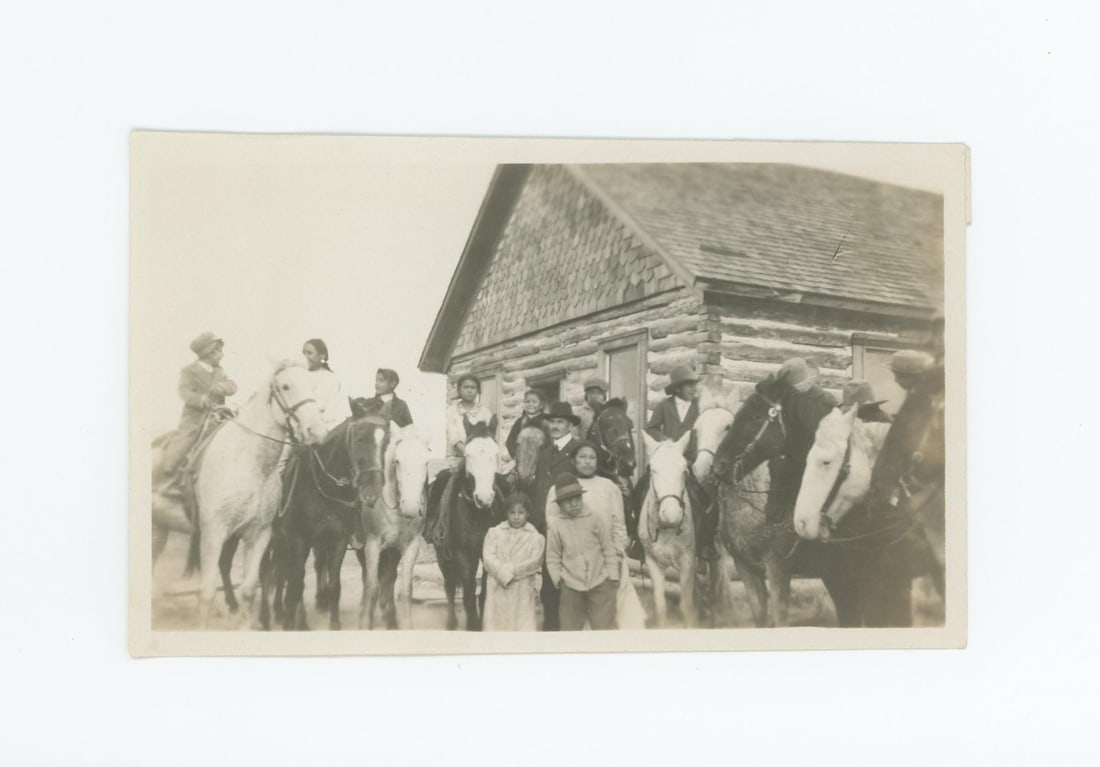 Crow Indians at Reno School Montana Photo: 3 3/8" by 5 1/2". Provenance: Aline Natalie Burgess Claremont Los Angeles, daughter of James Gregor Burgess builder of the Burgess Baptist Church Crow Agency Montana, through Decent.