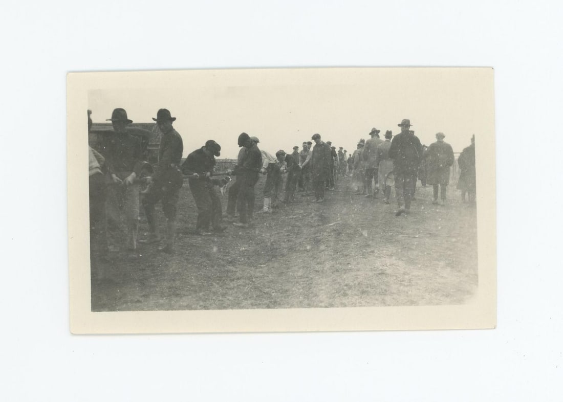 Barn Raising Crow Agency Montana Photo: 2 3/4" by 4 1/2". Provenance: Aline Natalie Burgess Claremont Los Angeles, daughter of James Gregor Burgess builder of the Burgess Baptist Church Crow Agency Montana, through Decent.
