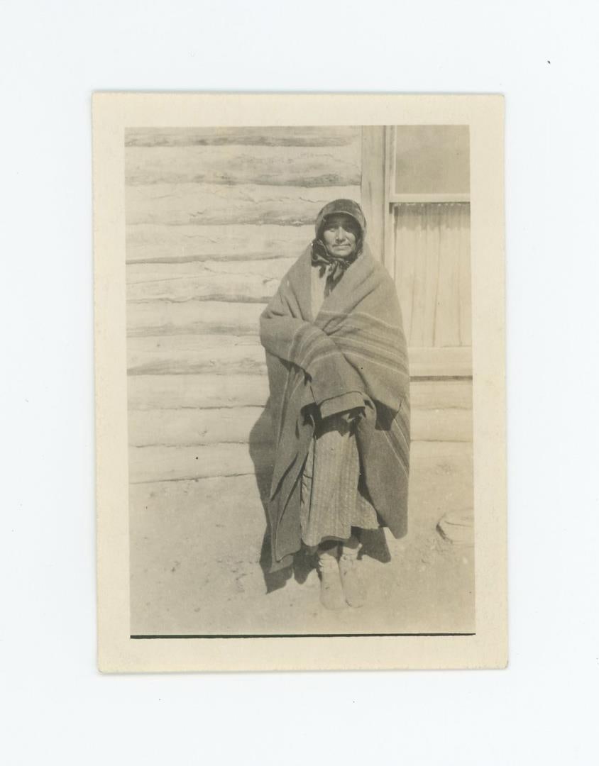 Lucy Old Horn Crow Agency Montana Photo: Title on Back: Lucy Old Horn. 2 1/2" by 3 1/4". Provenance: Aline Natalie Burgess Claremont Los Angeles, daughter of James Gregor Burgess builder of the Burgess Baptist Church Crow Agency Montana, thr