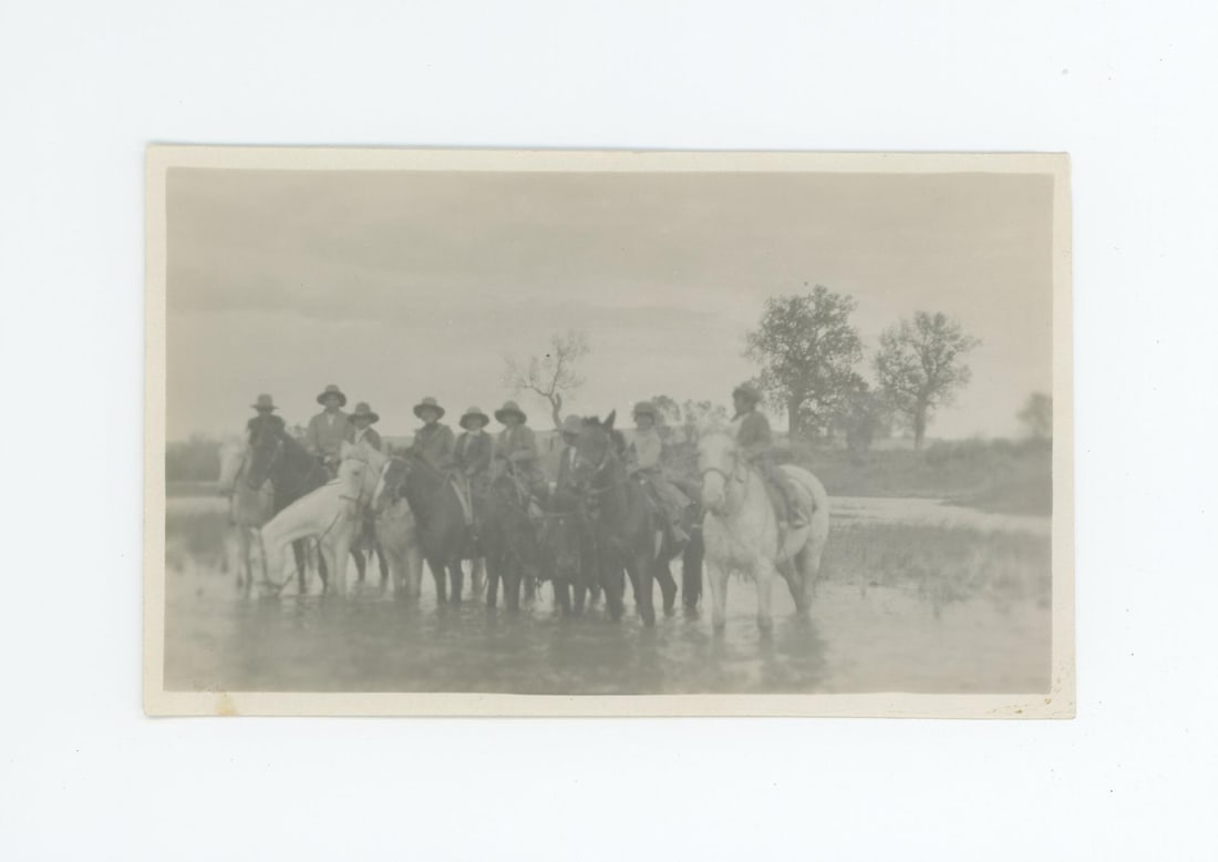Crow Indians on Horseback Montana Photo: 3 1/4" by 5 3/8". Provenance: Aline Natalie Burgess Claremont Los Angeles, daughter of James Gregor Burgess builder of the Burgess Baptist Church Crow Agency Montana, through Decent.