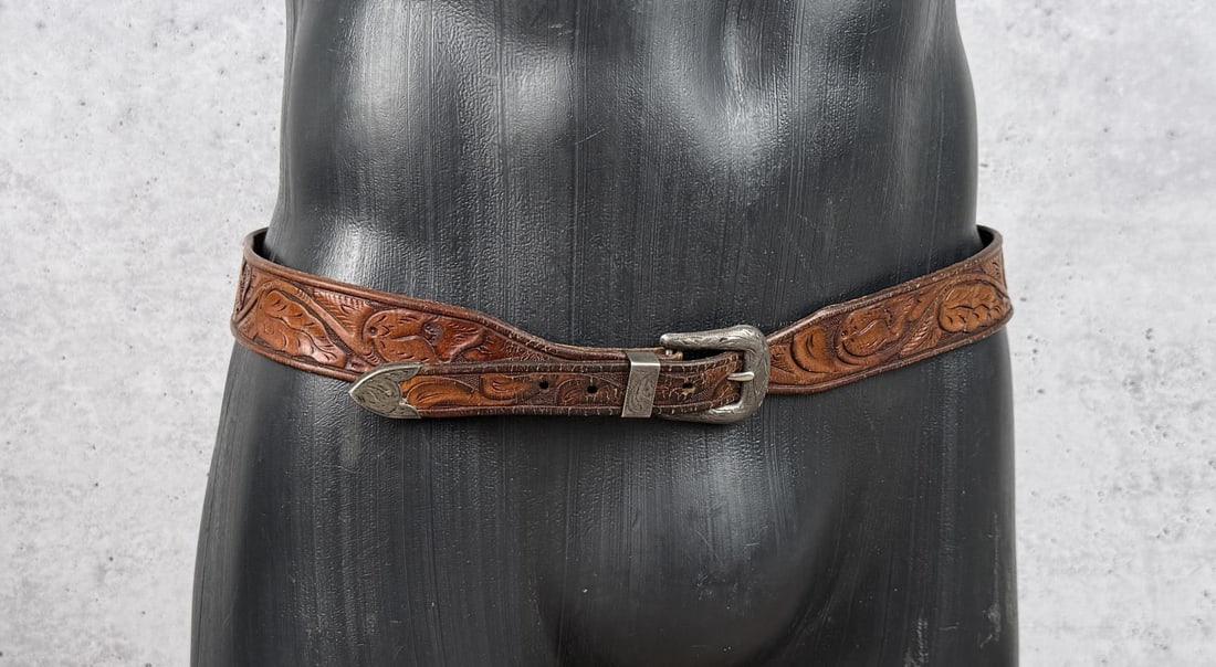 Hamley & Co Tooled Leather Sterling Buckle & Belt: Belt is Size 34.