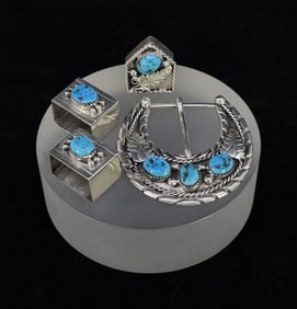 Navajo Sterling Turquoise Belt Buckle Ranger Set
