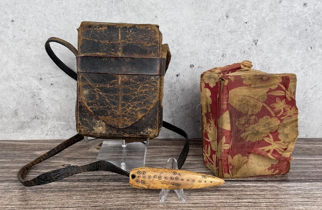 Ethiopian Orthodox Ge'ez Coptic Illuminated Bible: Wonderful old Manuscript. Bound with boards wrapped in trade cloth. Comes with period correct shoulder box, and bone page turner. Box is 19 3/4" long with sling. Based on the typological evidence summ