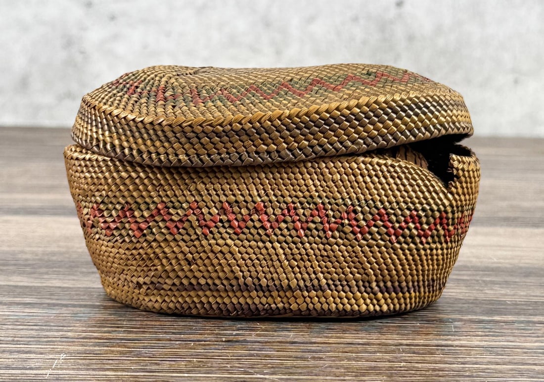Makah Northwest Coast Indian Basket: 5" by 3" by 2 5/8".