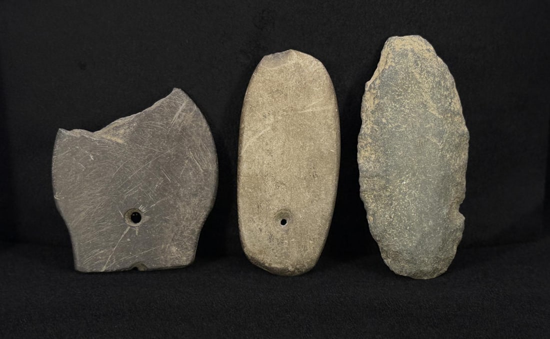 Ancient Native American Indian Stone Gorgets: Two gorgets and a knife blade.
