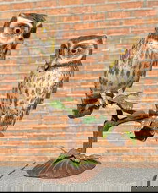 Folk Art Carved Wood Perched Owls