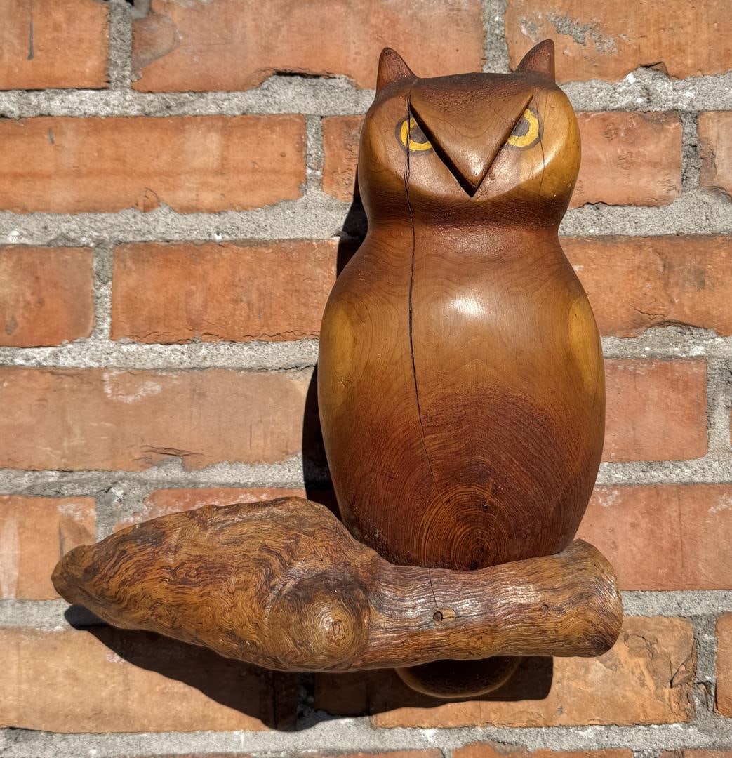 Folk Art Carved Wood Owl: 14 1/2" by 9 3/8" by 5"